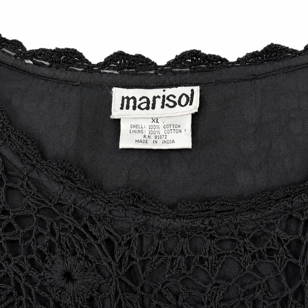 Marisol Black Crochet Tunic Top Women XL Cotton Lined Boho Long Sleeve - Picture 3 of 10